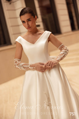 Satin A-Line Wedding Dress with V-Neckline and Bow Back