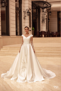 Satin A-Line Wedding Dress with V-Neckline and Bow Back