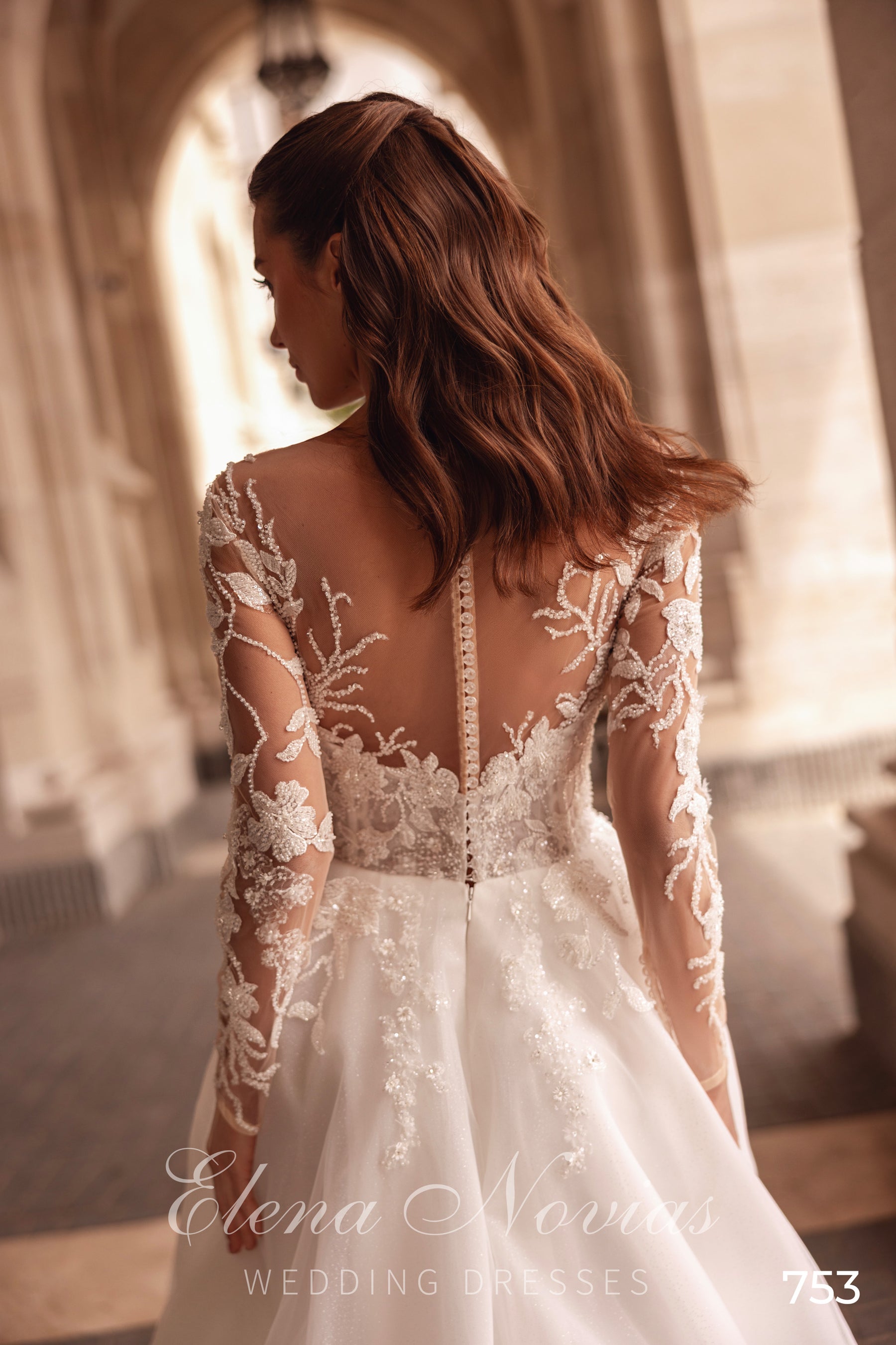 Illusion Long Sleeve A-Line Wedding Dress with Beaded Lace