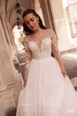 Illusion Long Sleeve A-Line Wedding Dress with Beaded Lace