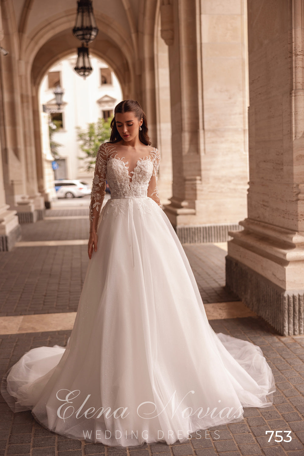 Illusion Long Sleeve A-Line Wedding Dress with Beaded Lace