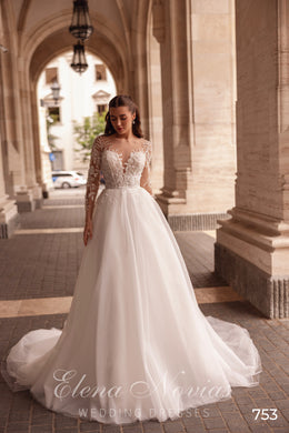 Illusion Long Sleeve A-Line Wedding Dress with Beaded Lace