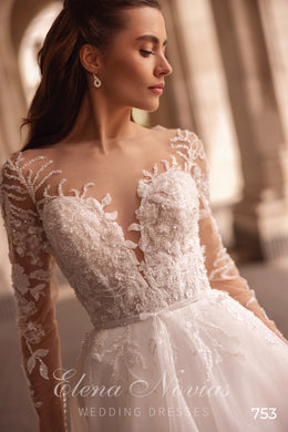 Illusion Long Sleeve A-Line Wedding Dress with Beaded Lace