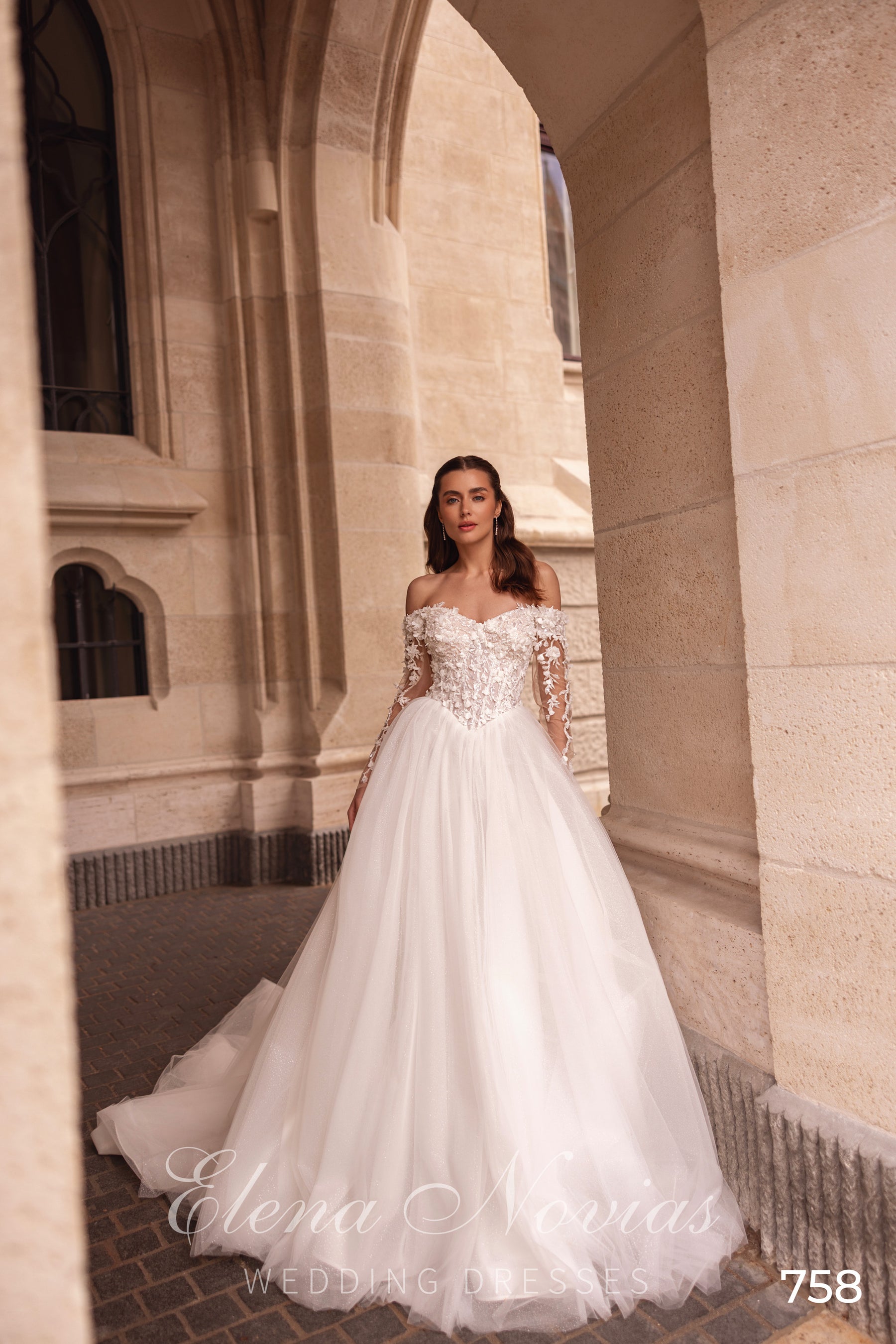 Off-the-Shoulder Floral Tulle Ball Gown Wedding Dress