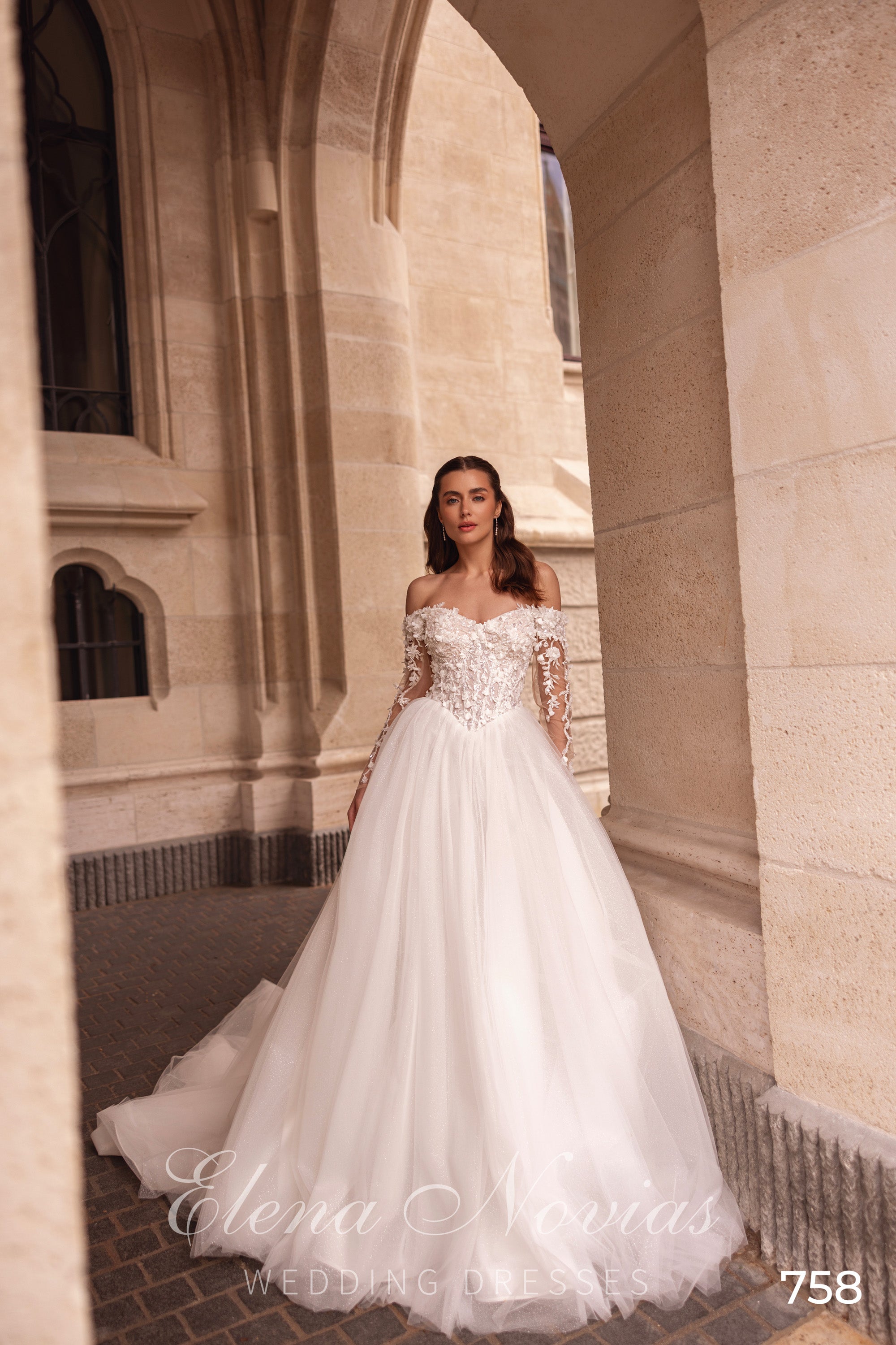 Off-the-Shoulder Floral Tulle Ball Gown Wedding Dress