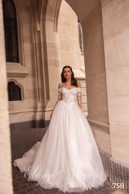 Off-the-Shoulder Floral Tulle Ball Gown Wedding Dress