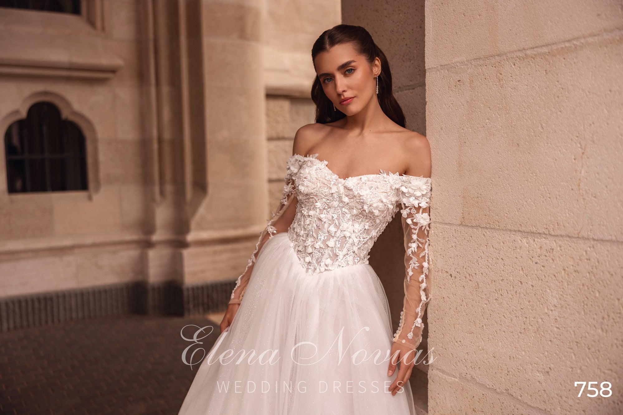 Off-the-Shoulder Floral Tulle Ball Gown Wedding Dress