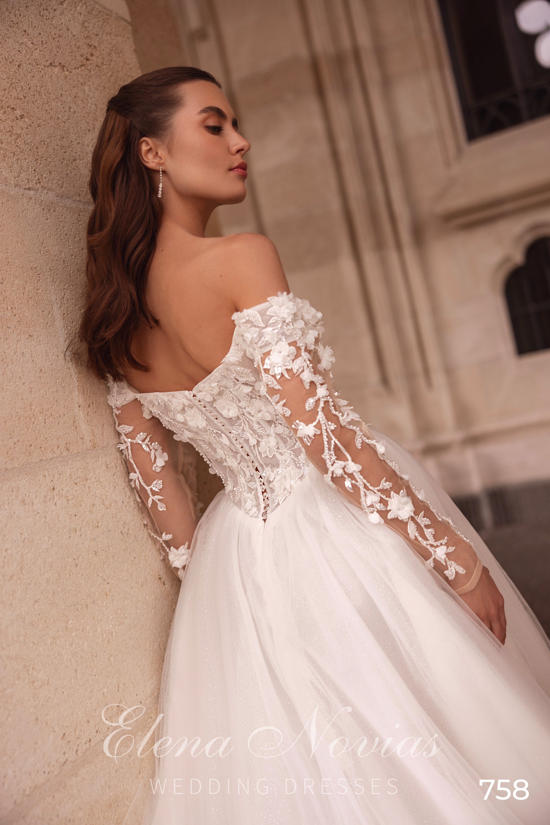Off-the-Shoulder Floral Tulle Ball Gown Wedding Dress
