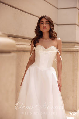 Pearl Beaded Strapless Ball Gown Wedding Dress with Bow Back