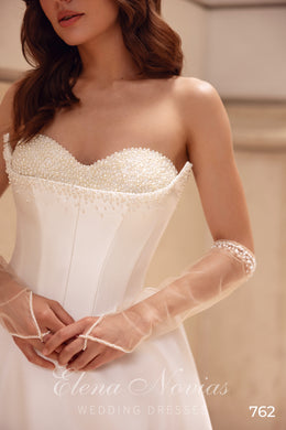 Pearl Beaded Strapless Ball Gown Wedding Dress with Bow Back