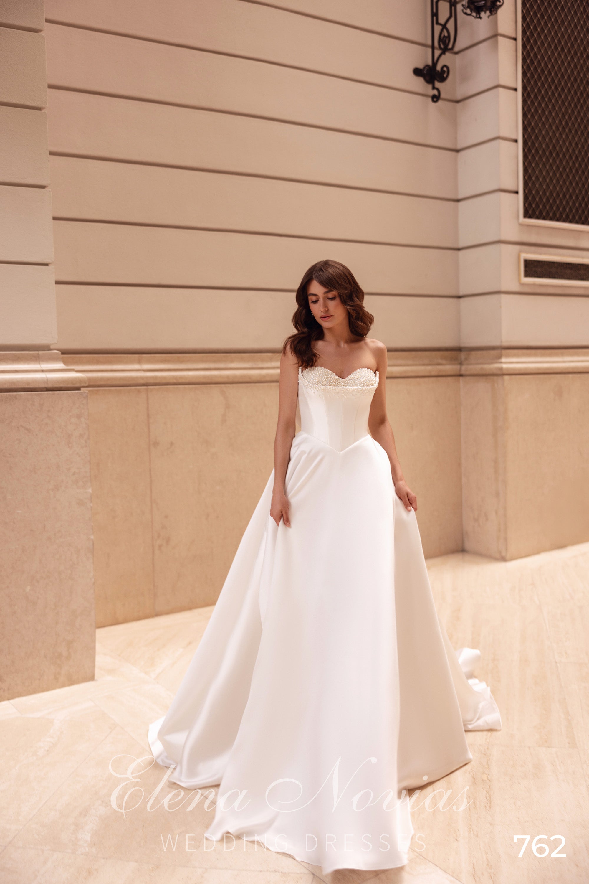 Pearl Beaded Strapless Ball Gown Wedding Dress with Bow Back