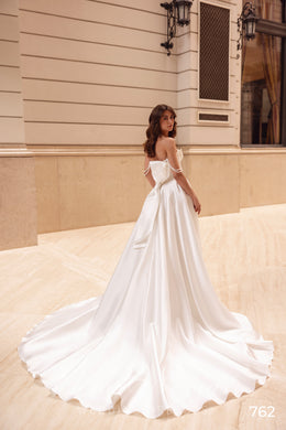 Pearl Beaded Strapless Ball Gown Wedding Dress with Bow Back