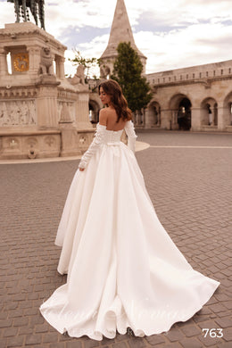 Floral Appliqué Strapless Ball Gown Wedding Dress with Slit