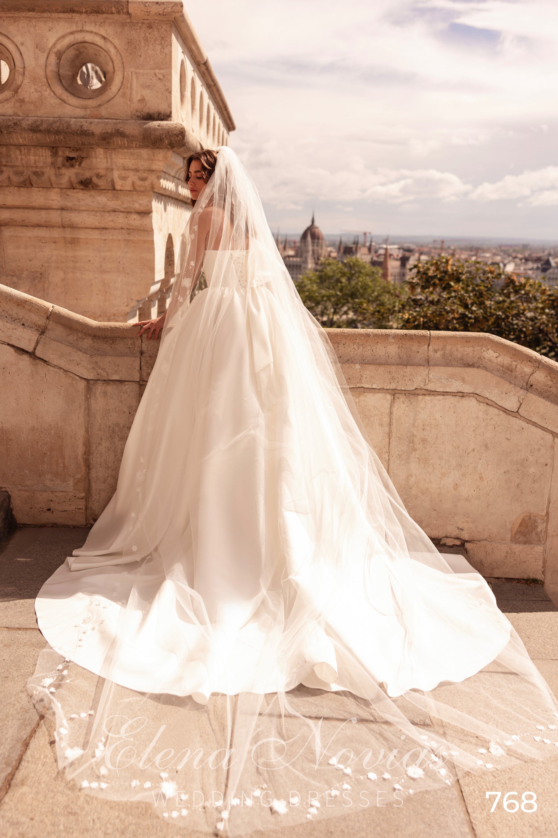 Ivory A-line wedding dress with short sleeves and a long flowing skirt beneath a sheer bridal veil