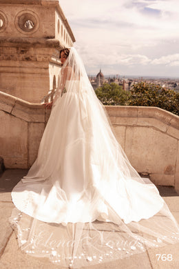Ivory A-line wedding dress with short sleeves and a long flowing skirt beneath a sheer bridal veil