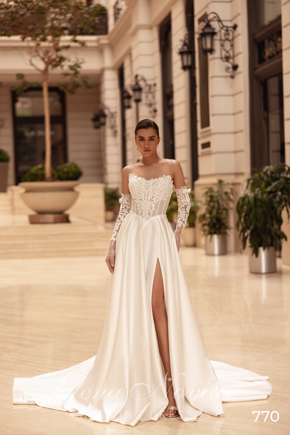 A-Line Satin Wedding Dress with Lace Bodice and Slit