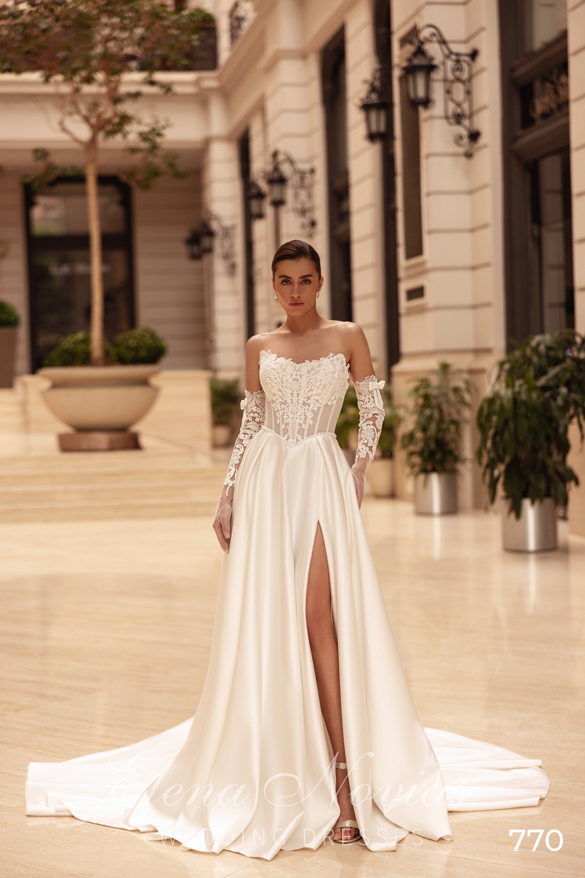 A-Line Satin Wedding Dress with Lace Bodice and Slit