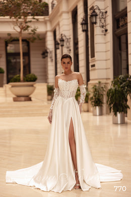 A-Line Satin Wedding Dress with Lace Bodice and Slit