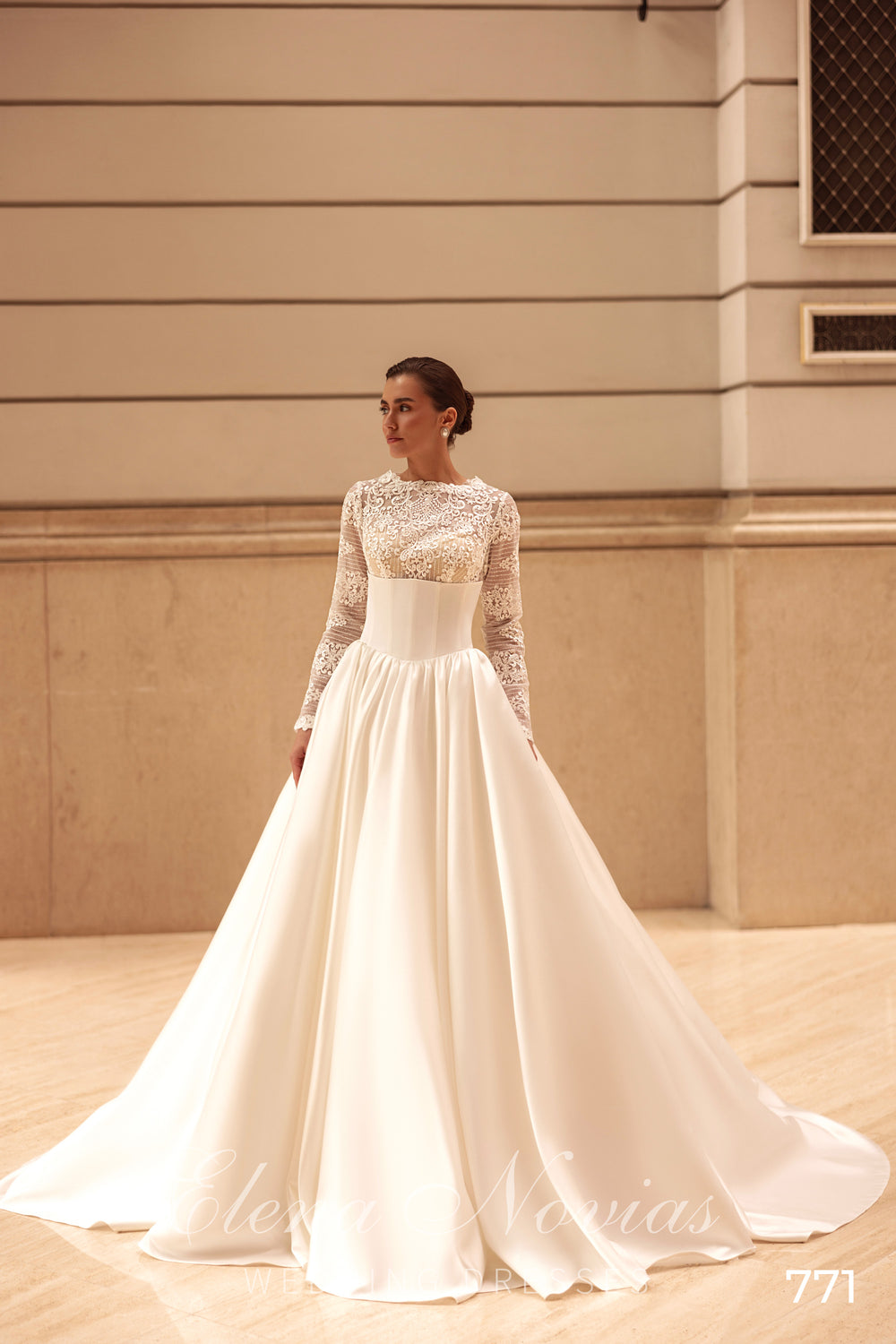 High Neck Lace Sleeve Satin Ball Gown Wedding Dress