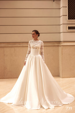 High Neck Lace Sleeve Satin Ball Gown Wedding Dress