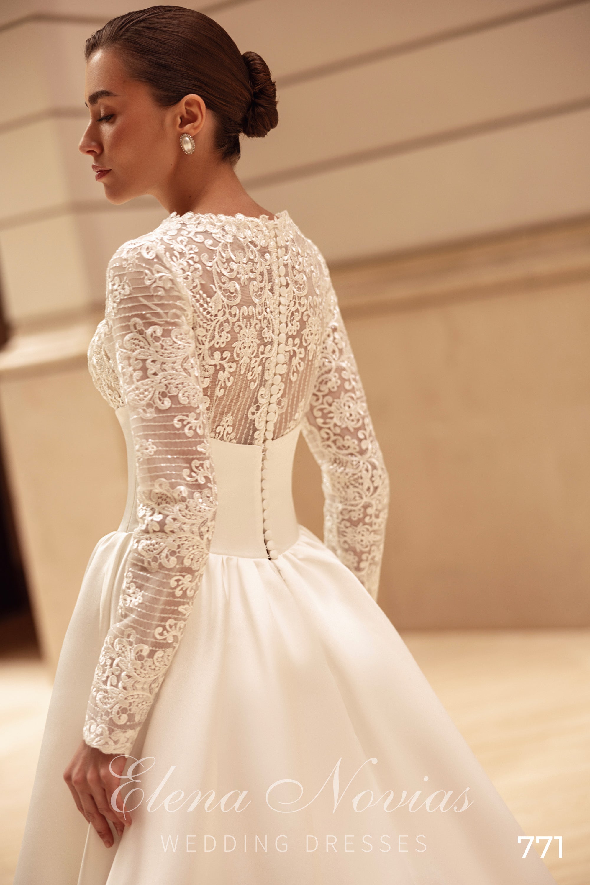 High Neck Lace Sleeve Satin Ball Gown Wedding Dress