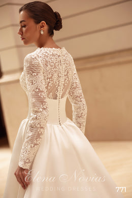 High Neck Lace Sleeve Satin Ball Gown Wedding Dress