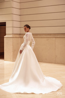 High Neck Lace Sleeve Satin Ball Gown Wedding Dress