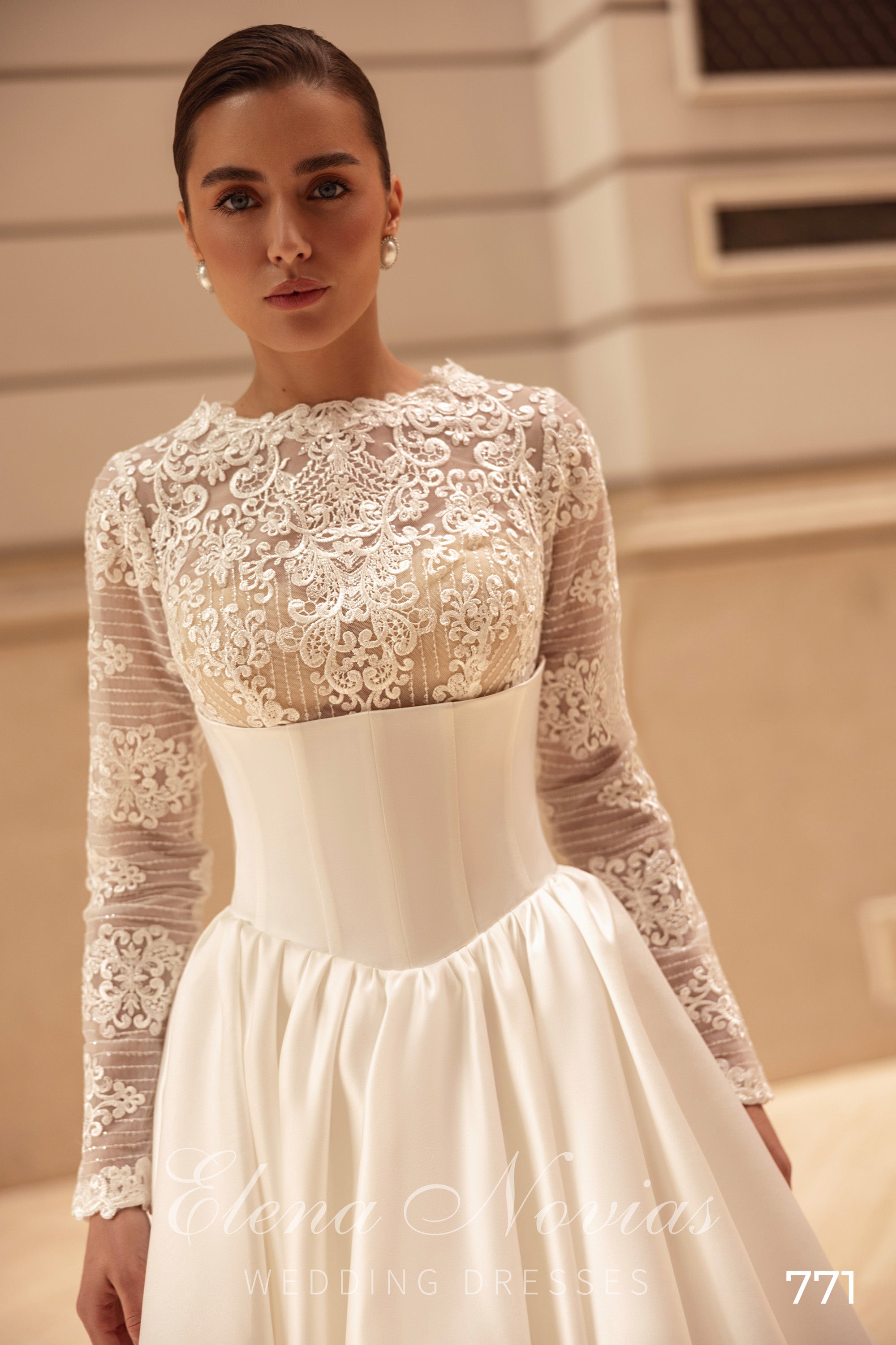 High Neck Lace Sleeve Satin Ball Gown Wedding Dress