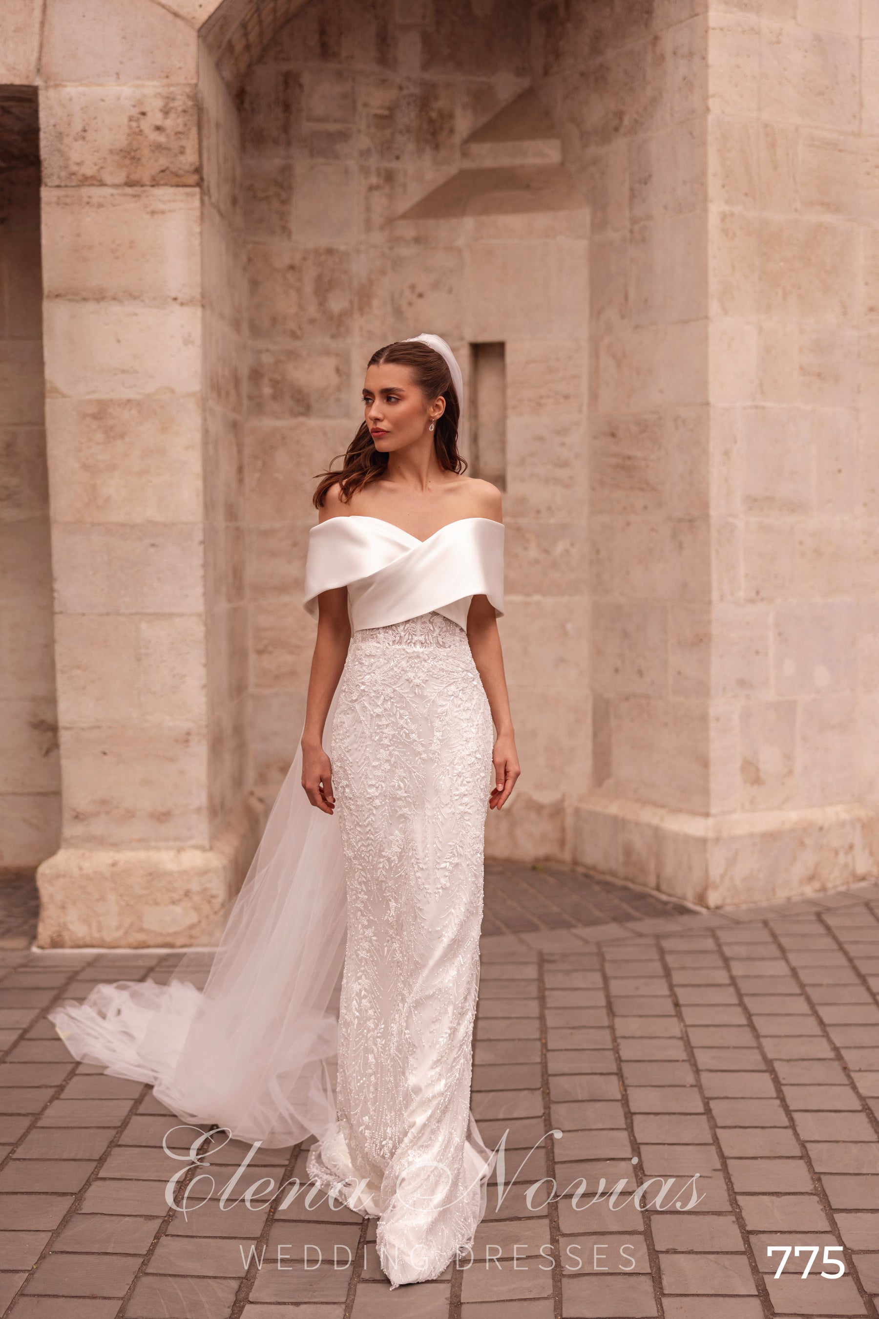 Off-the-Shoulder Lace Fit and Flare Wedding Dress with Tulle Train