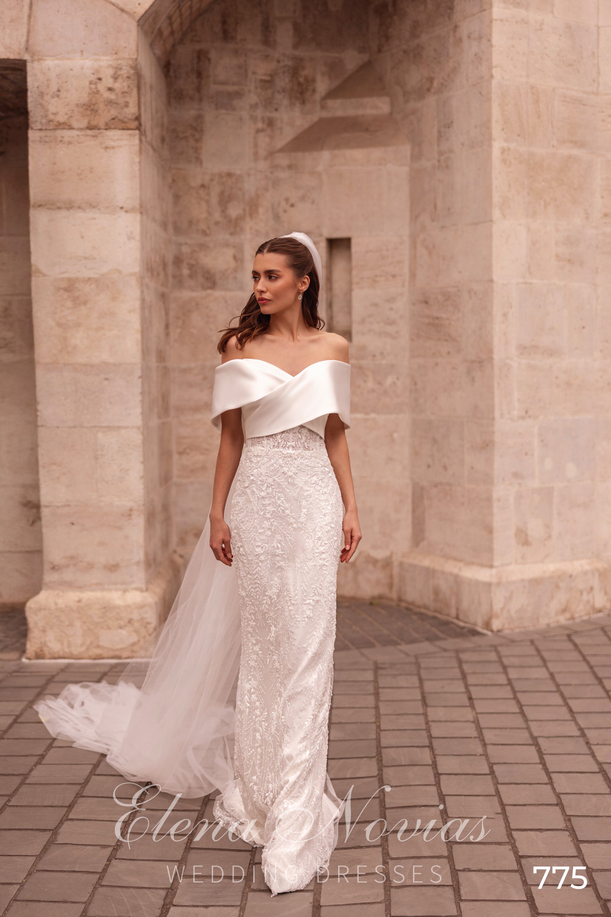 Off-the-Shoulder Lace Fit and Flare Wedding Dress with Tulle Train