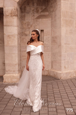 Off-the-Shoulder Lace Fit and Flare Wedding Dress with Tulle Train