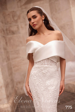 Off-the-Shoulder Lace Fit and Flare Wedding Dress with Tulle Train