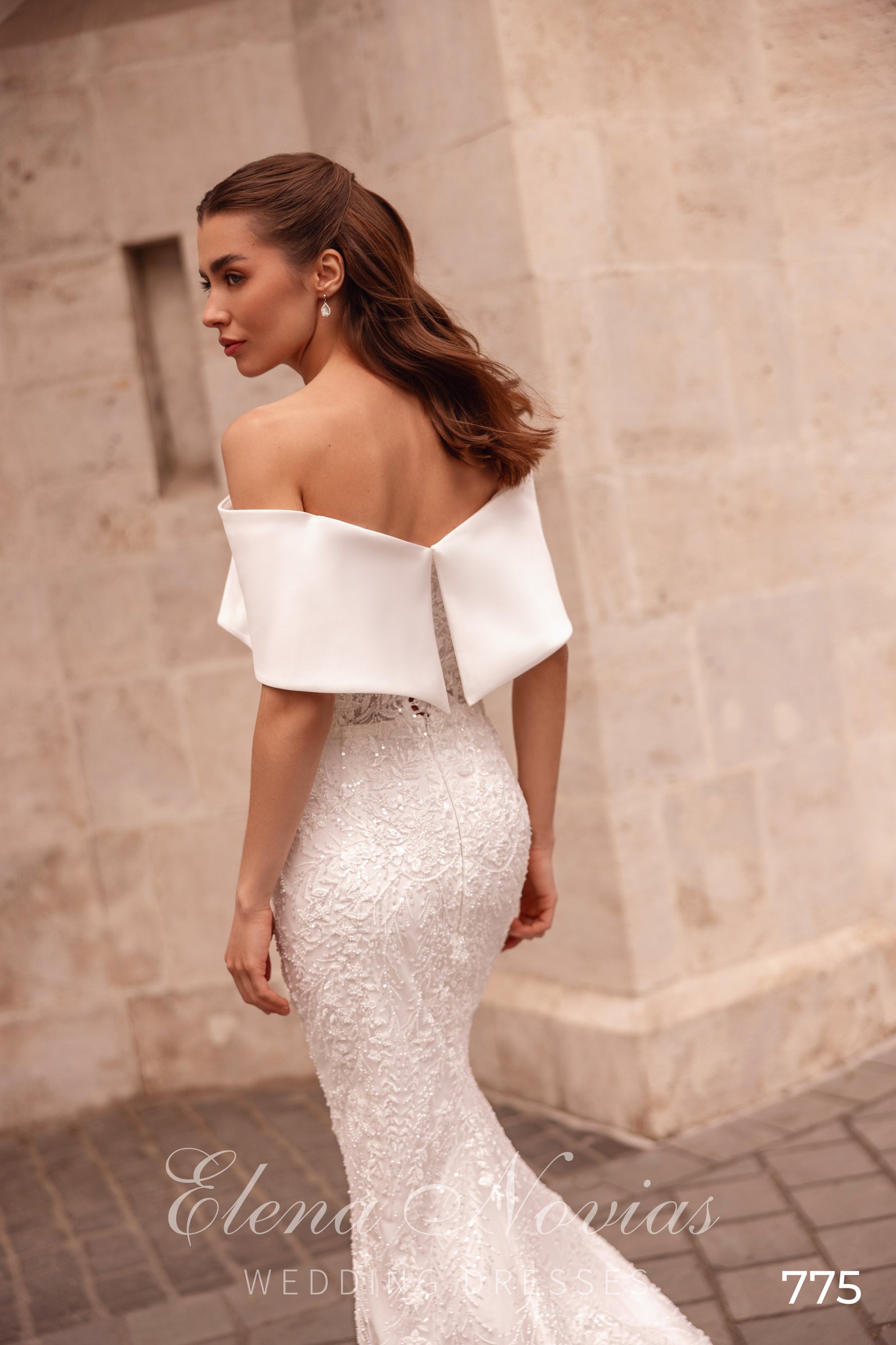 Off-the-Shoulder Lace Fit and Flare Wedding Dress with Tulle Train