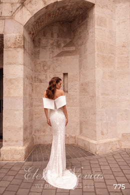 Off-the-Shoulder Lace Fit and Flare Wedding Dress with Tulle Train