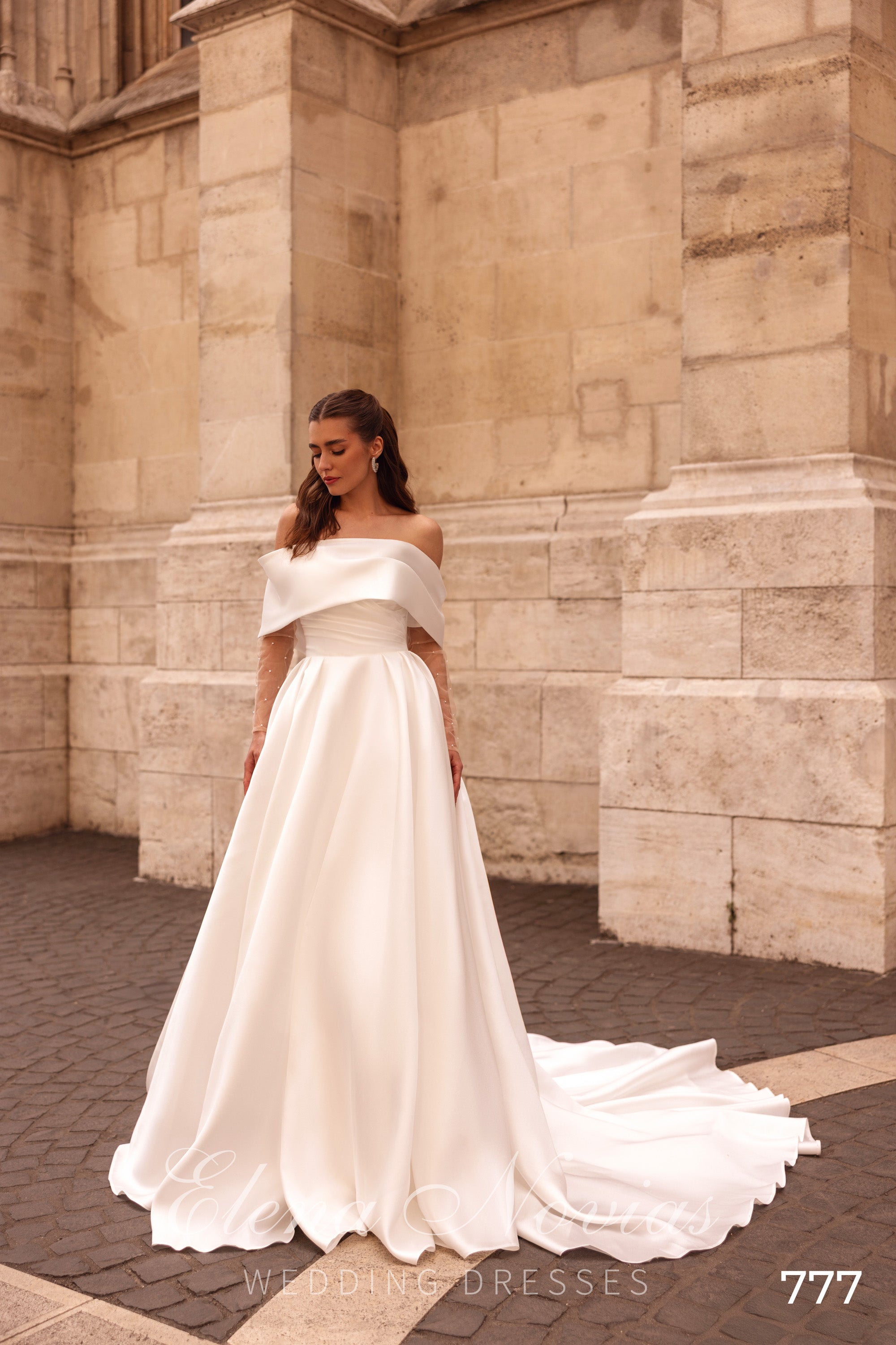 Off-the-Shoulder Satin A-Line Wedding Dress with Draped Bodice