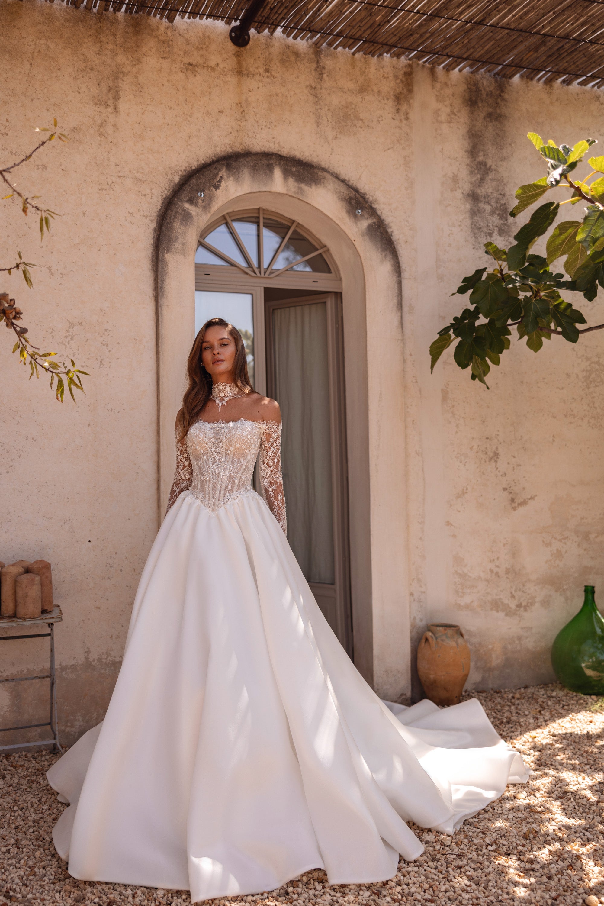 Satin Ball Gown Wedding Dress with Off-The-Shoulder Lace Bodice