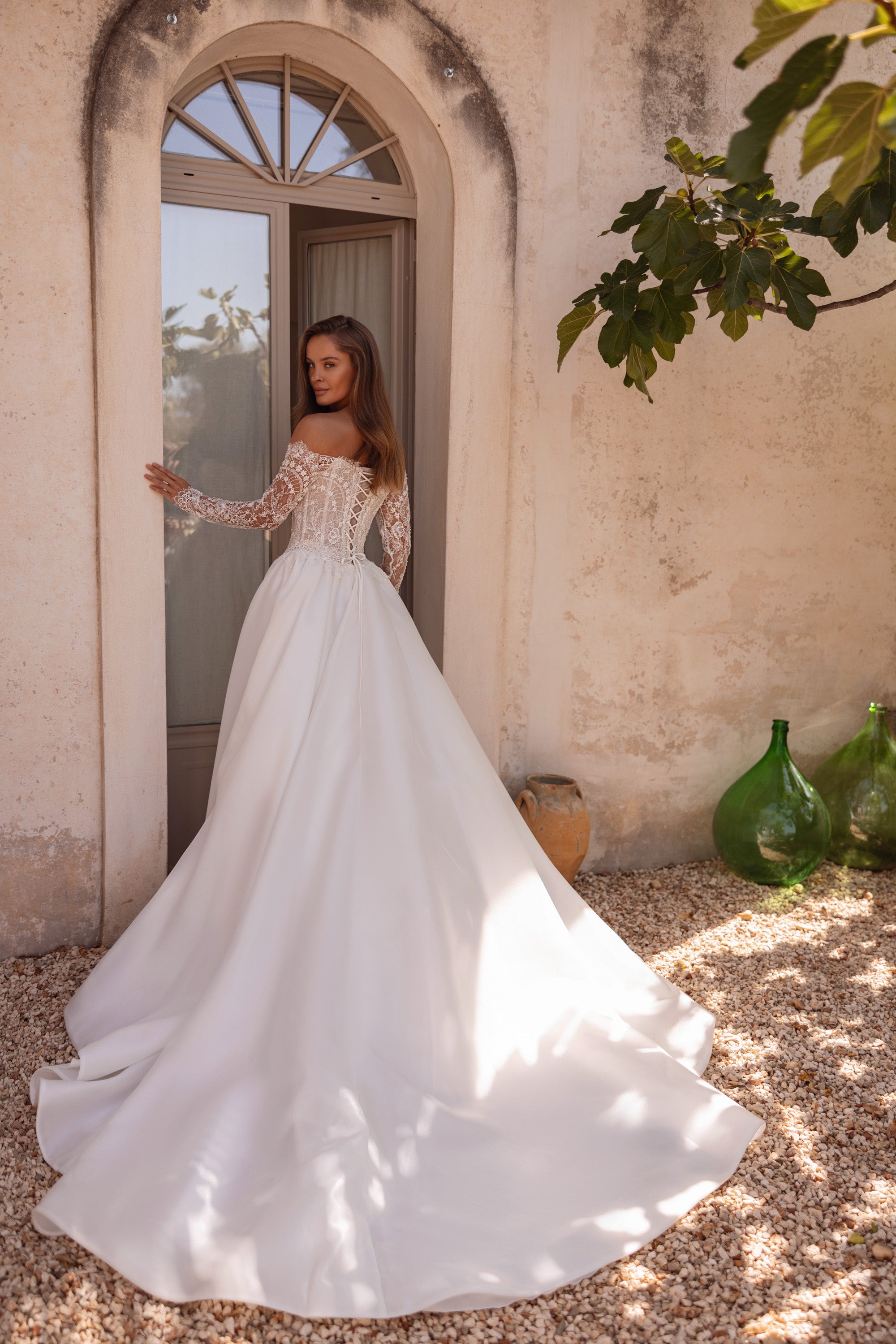 Satin Ball Gown Wedding Dress with Off-The-Shoulder Lace Bodice