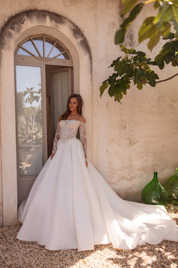 Satin Ball Gown Wedding Dress with Off-The-Shoulder Lace Bodice