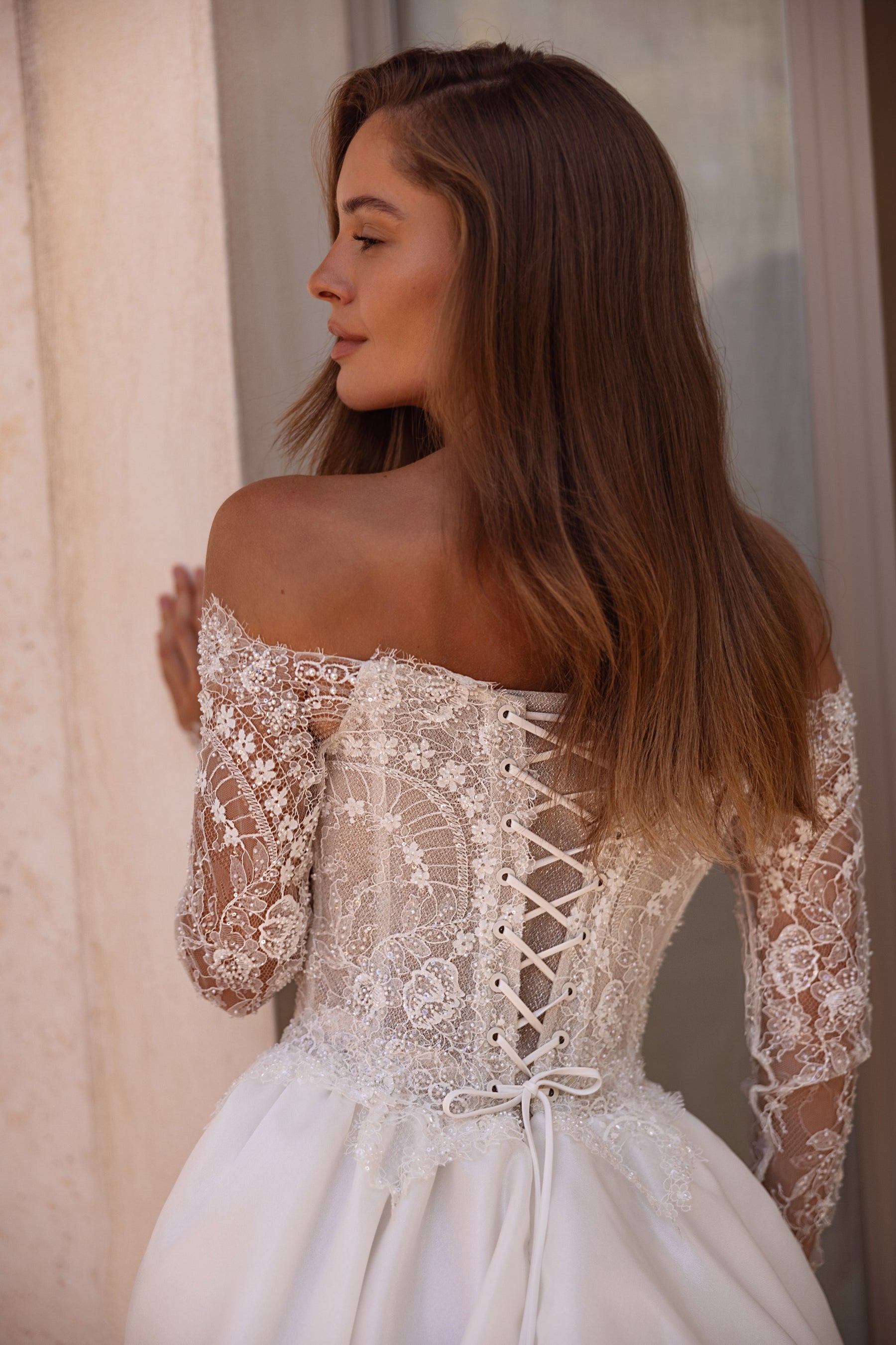 Satin Ball Gown Wedding Dress with Off-The-Shoulder Lace Bodice