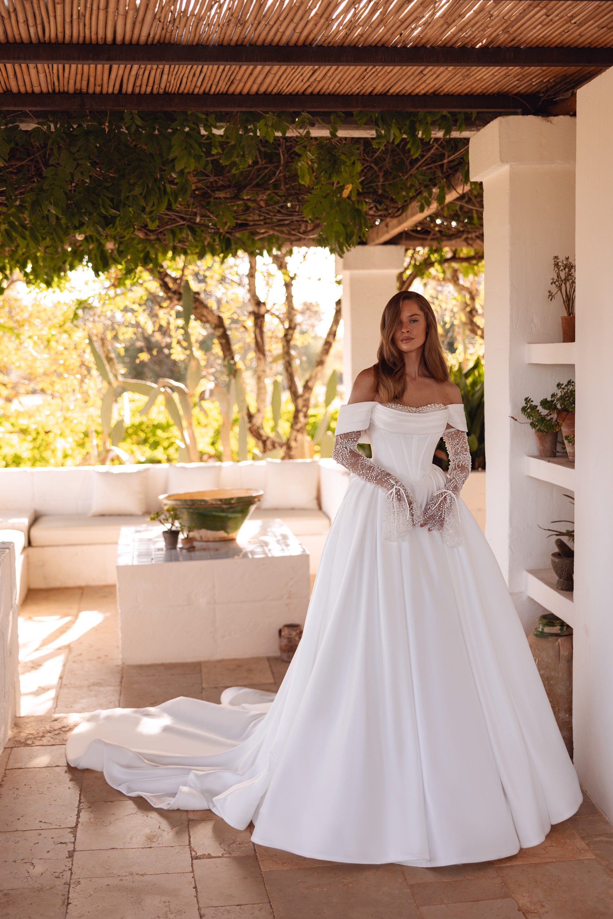 Satin Ball Gown Wedding Dress with Detachable Lace Sleeves