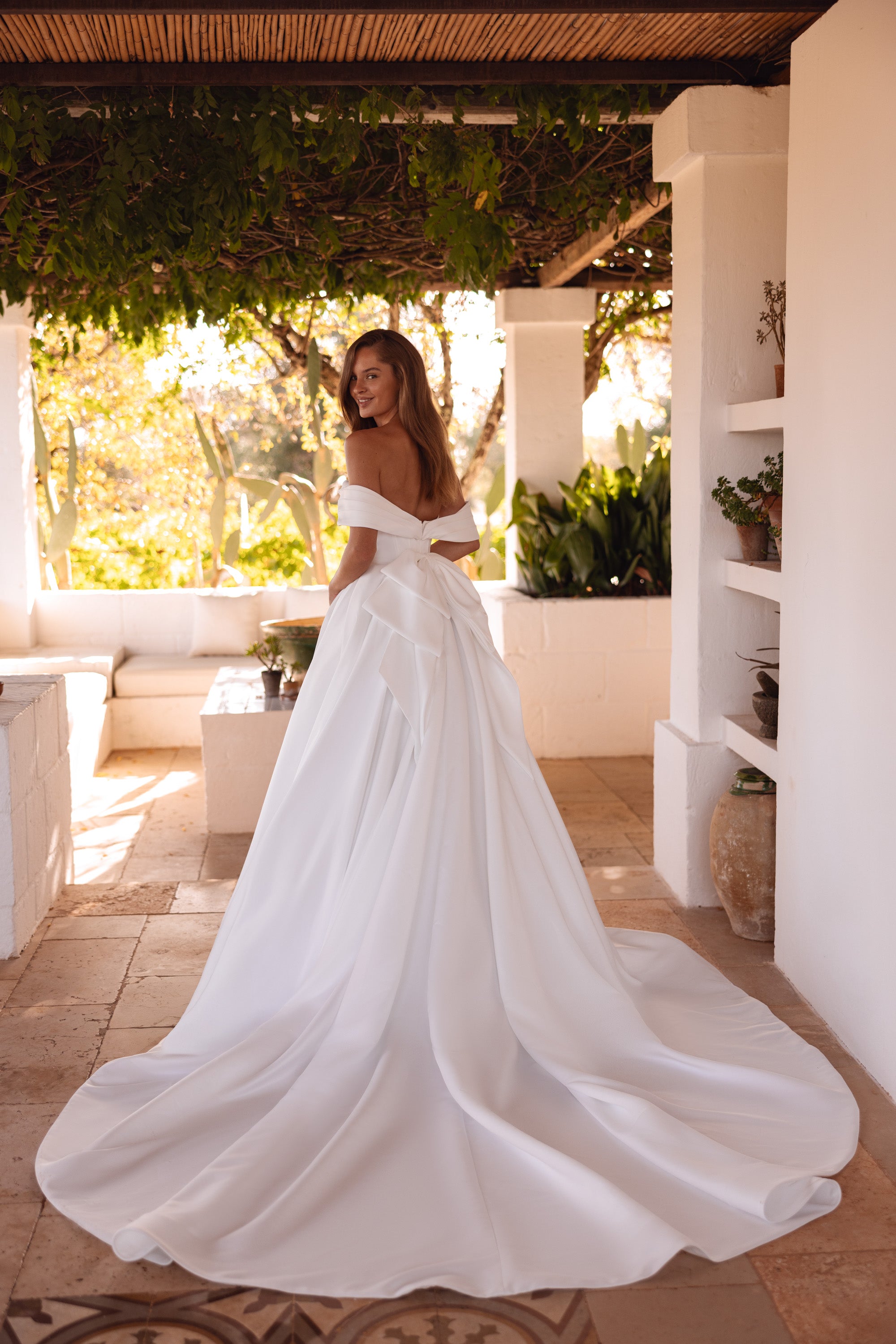 Satin Ball Gown Wedding Dress with Detachable Lace Sleeves