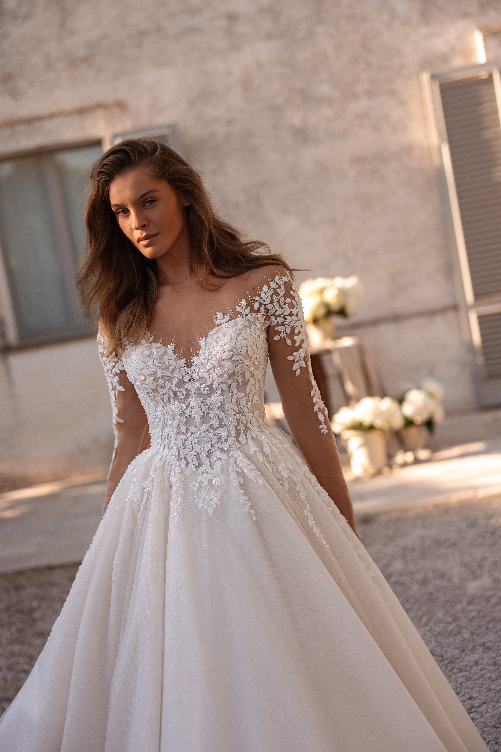 Sparkly A-Line Wedding Dress with Illusion Lace Sleeves