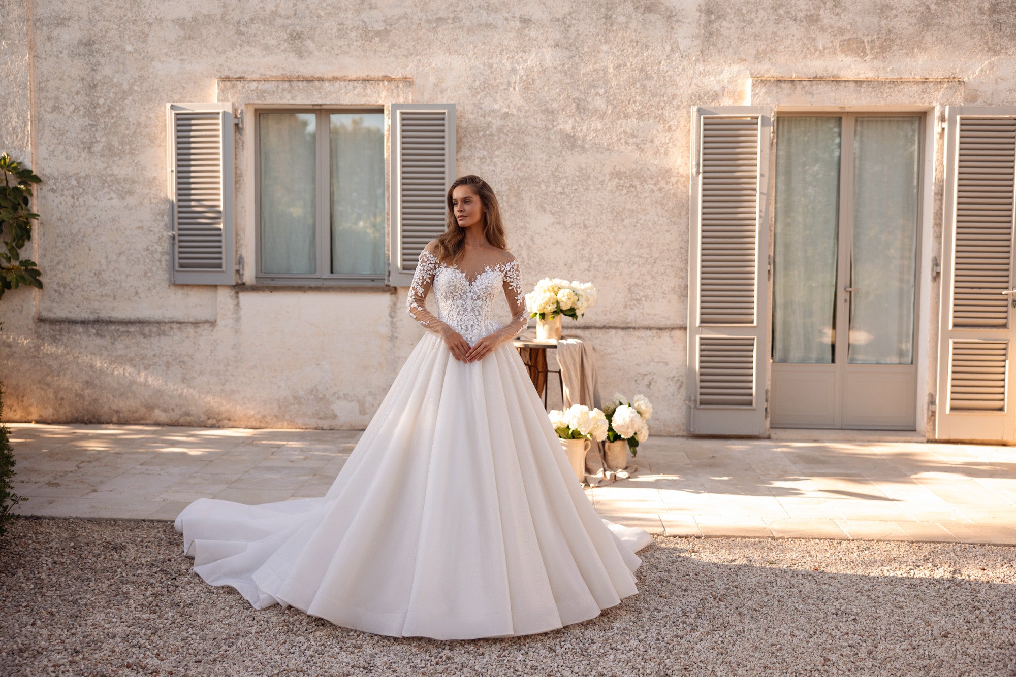 Sparkly A-Line Wedding Dress with Illusion Lace Sleeves
