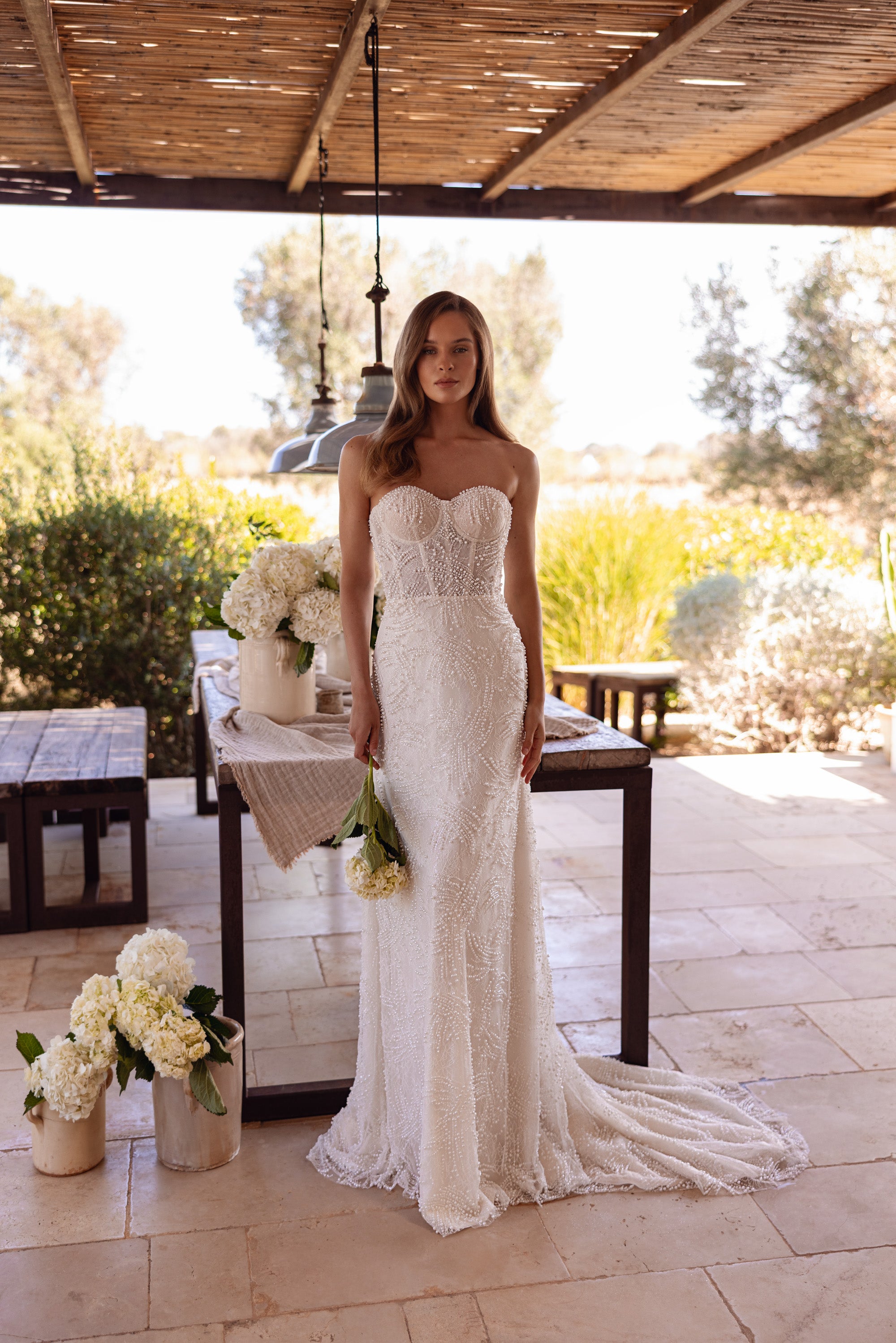2-in-1 Strapless Beaded Sheath Wedding Dress with Detachable Overskirt