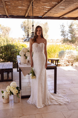 2-in-1 Strapless Beaded Sheath Wedding Dress with Detachable Overskirt