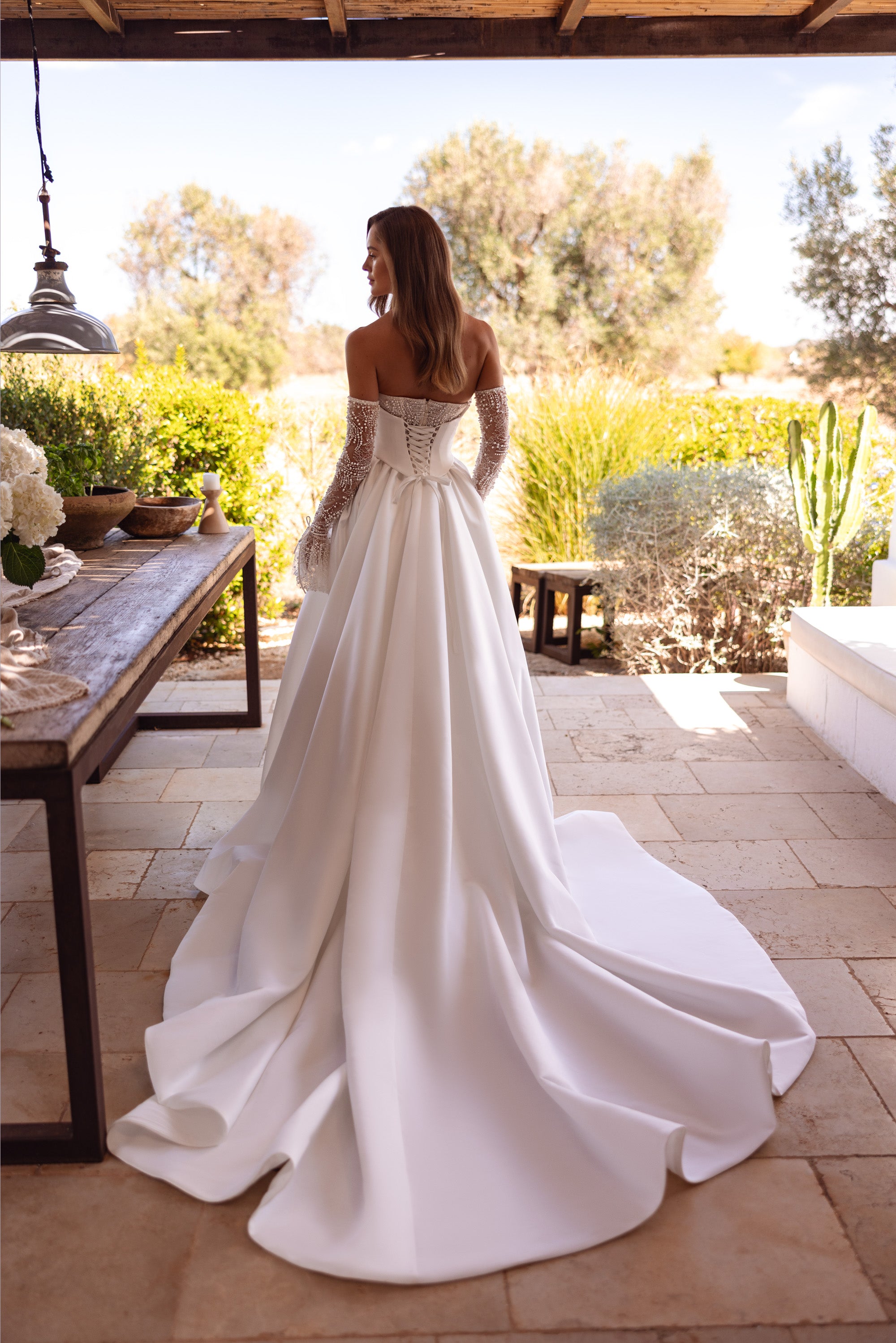 2-in-1 Strapless Beaded Sheath Wedding Dress with Detachable Overskirt