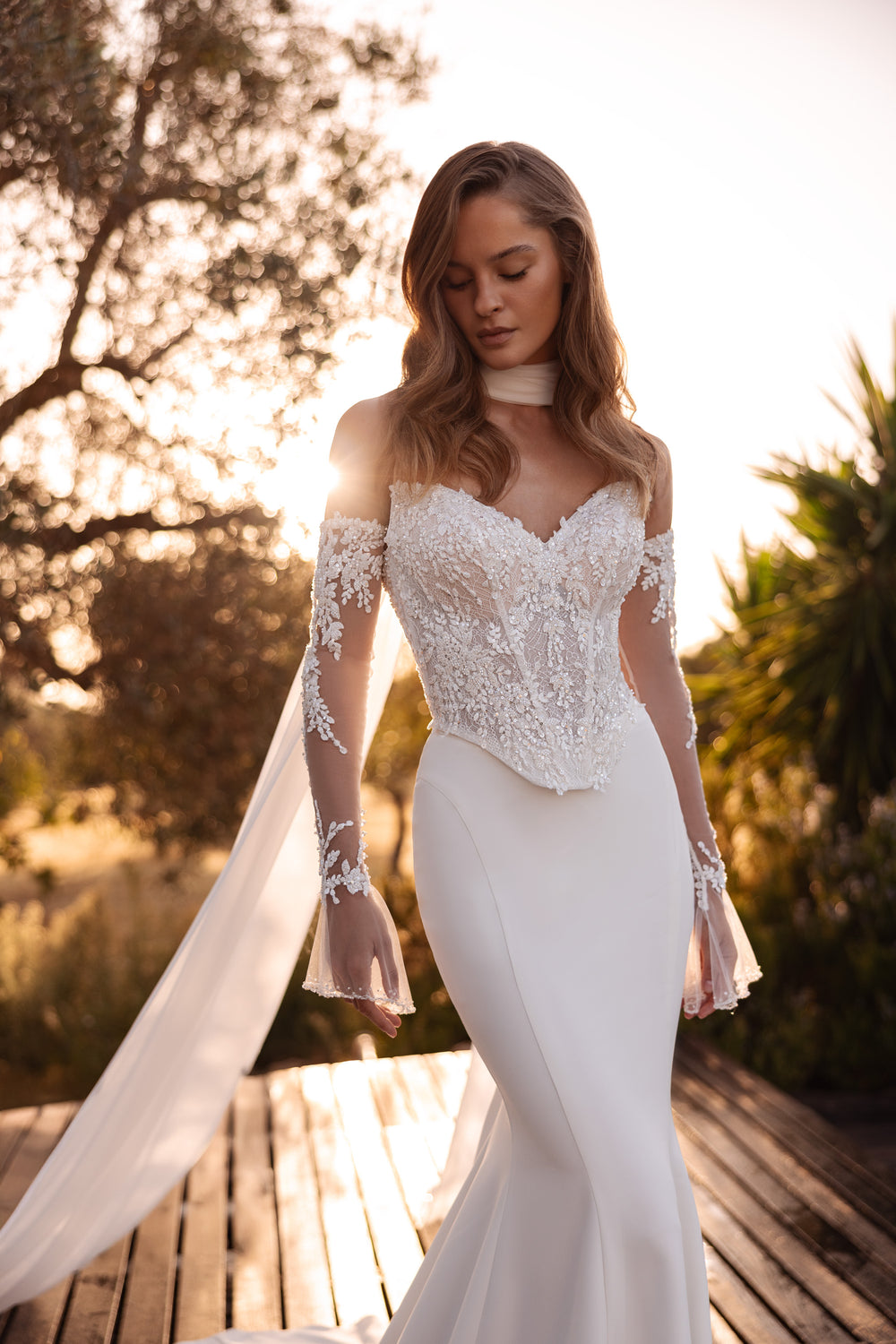 2-in-1 Off-the-Shoulder Lace Sheath Wedding Dress with Detachable Cape