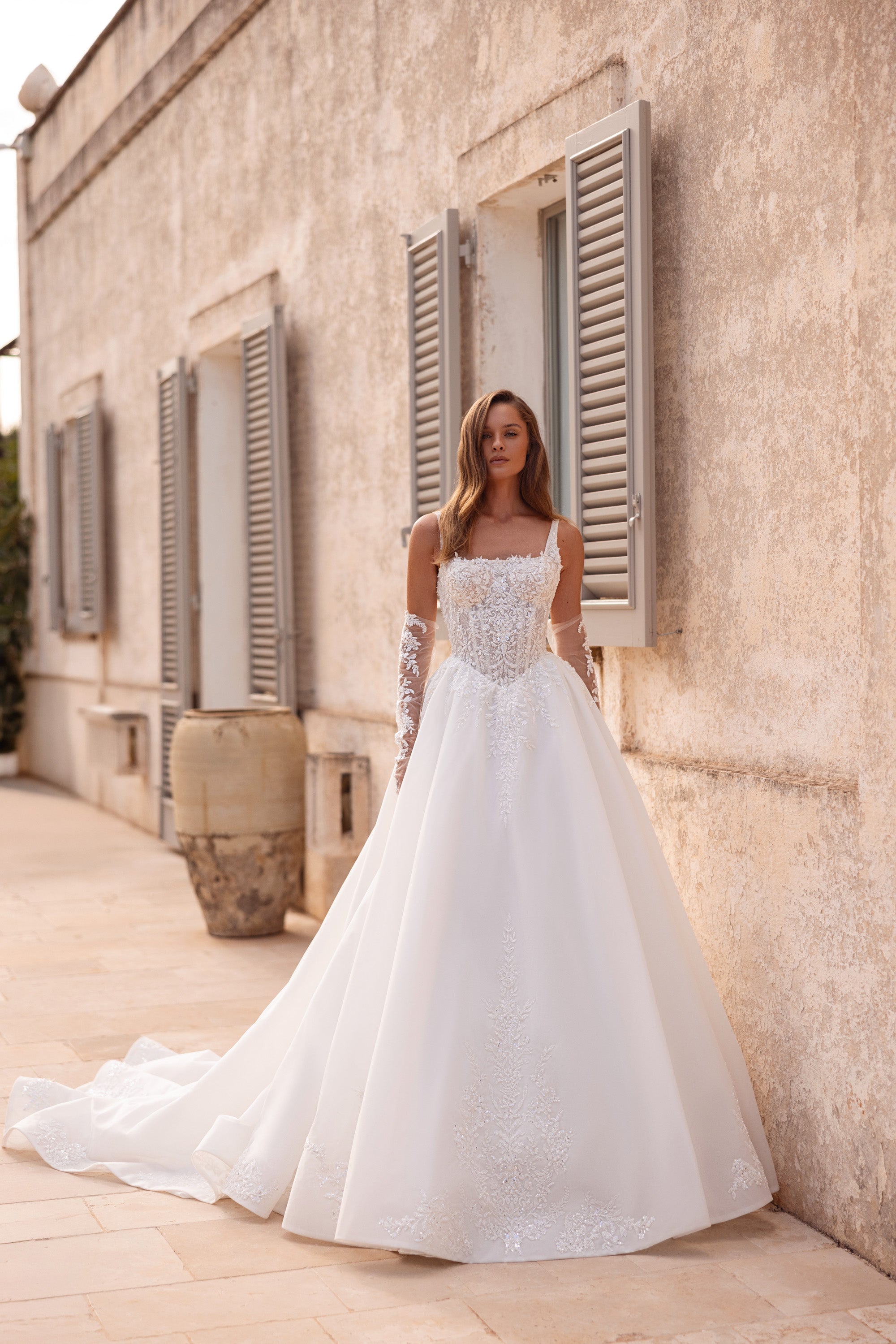 Square Neck A-Line Wedding Dress with Lace Bodice and Detachable Sleeves