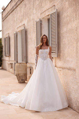 Square Neck A-Line Wedding Dress with Lace Bodice and Detachable Sleeves