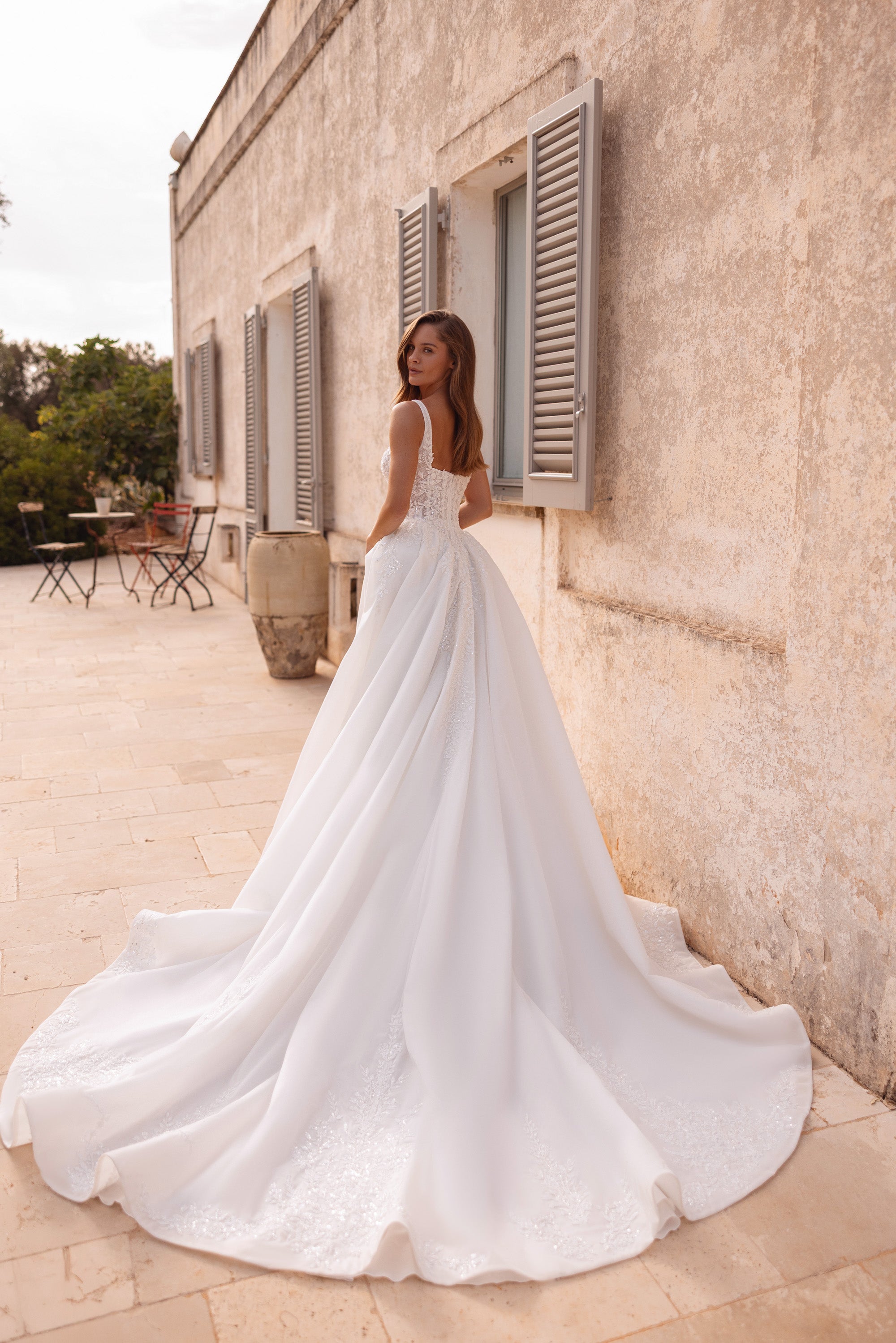 Square Neck A-Line Wedding Dress with Lace Bodice and Detachable Sleeves
